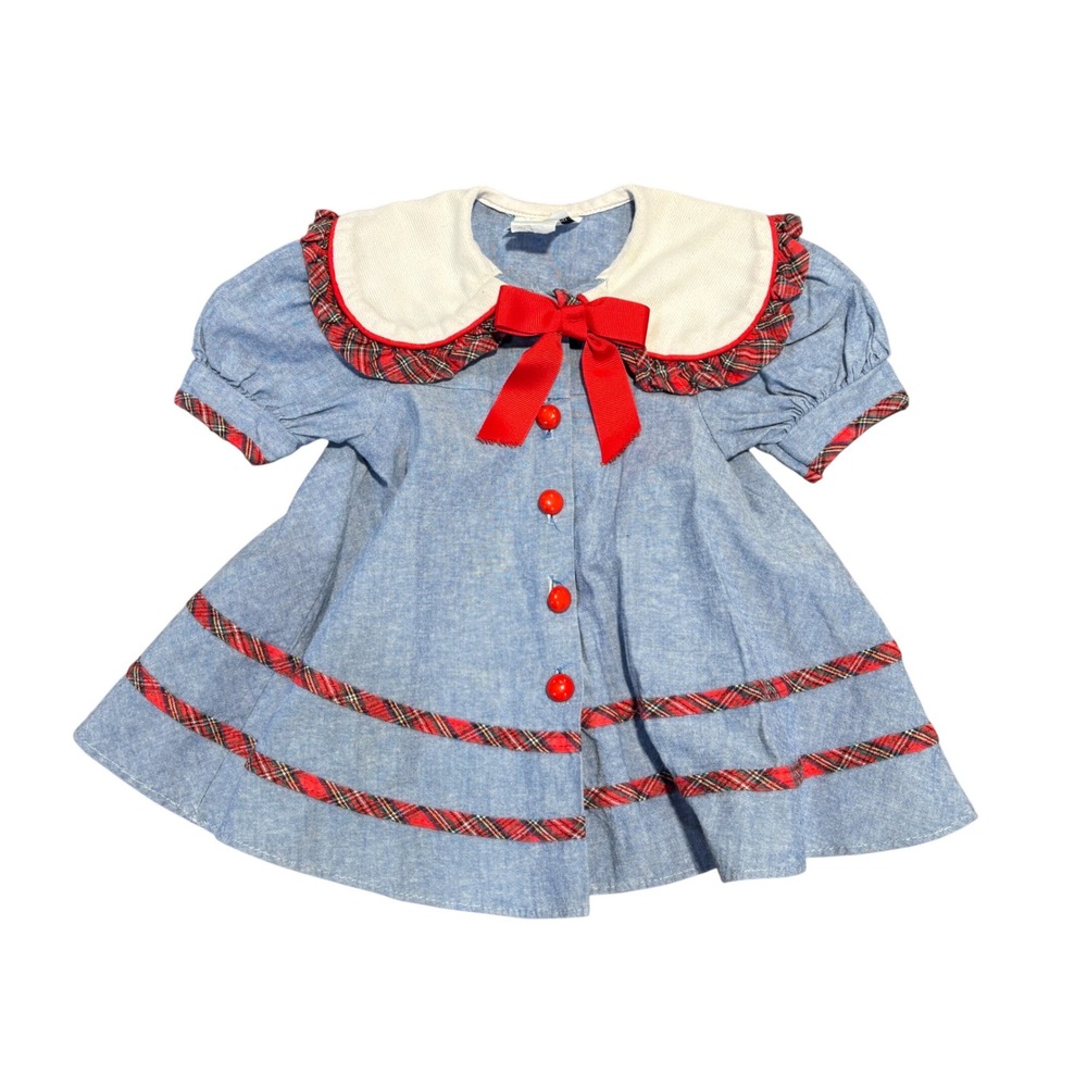 Sweet Blossoms Girls Denim Plaid Collar Bow Dress Blue Red Tartan Holiday‎ 12M
